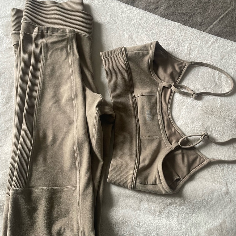 ALO Yoga Tan Leggings and Sports Bra Set